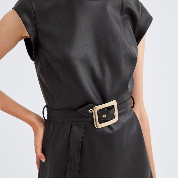ZARA BLACK FAUX LEATHER BELTED DRESS - Picture 3 of 8